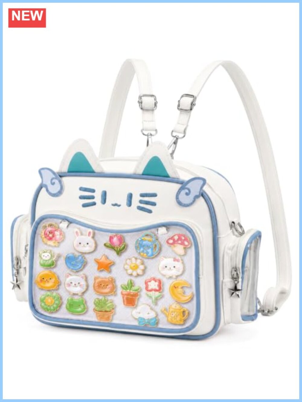 Kawaii Ita Bag Crossbody Backpack Clear Window PU Cat Pin Display